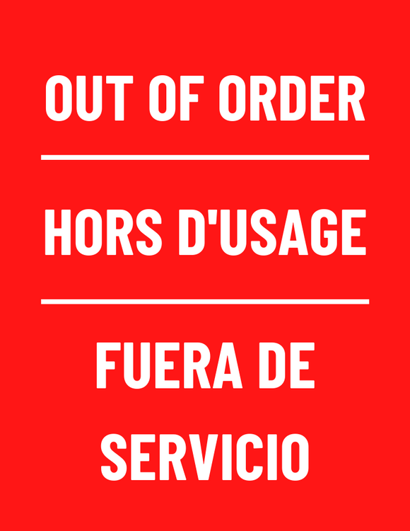 out of order printable sign in english french and spanish on red background