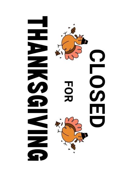 Horizontal Closed for Thanksgiving free printable sign with black text and colored turkeys