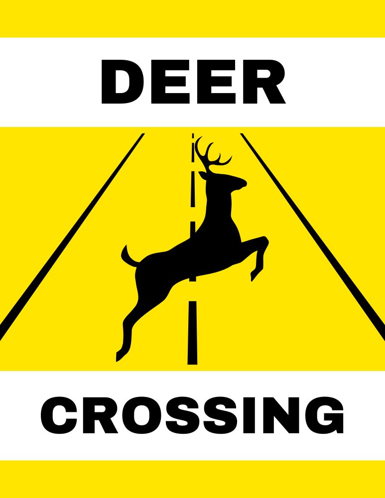 deer crossing the road on a yellow background with black letters