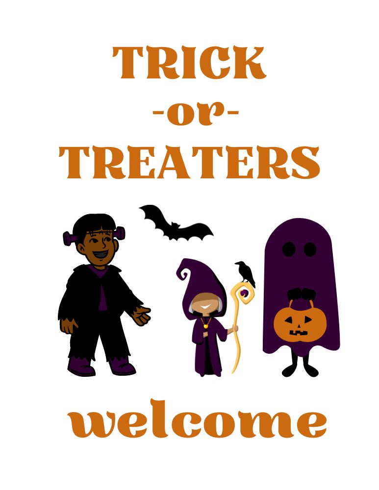 trick or treaters welcome sign on white background with three kids in monster costumes