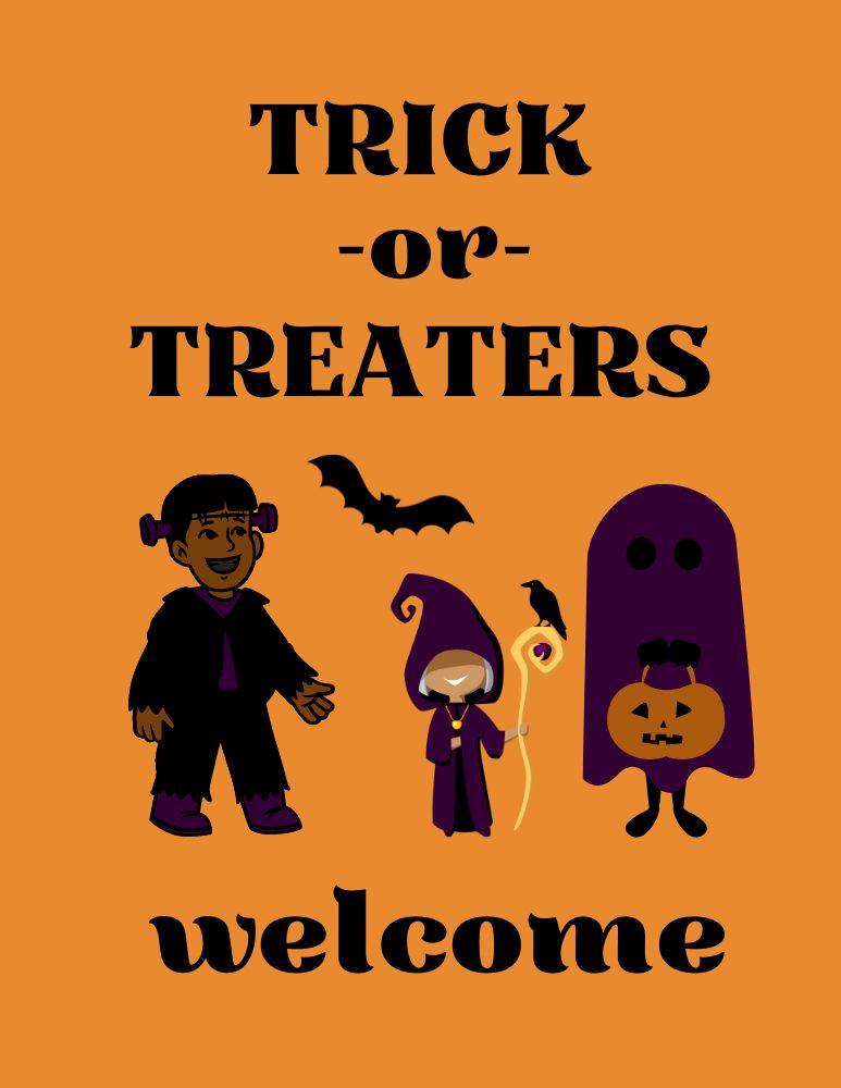 trick or treaters welcome sign on orange background with three kids in monster costumes