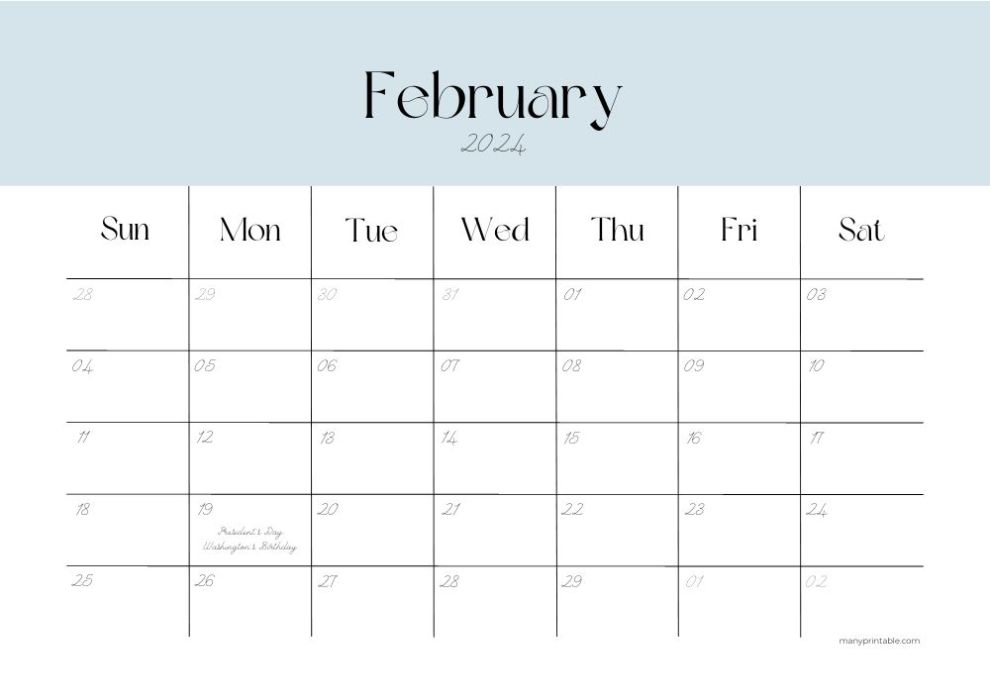 minimal February 2024 calendar with holidays marked