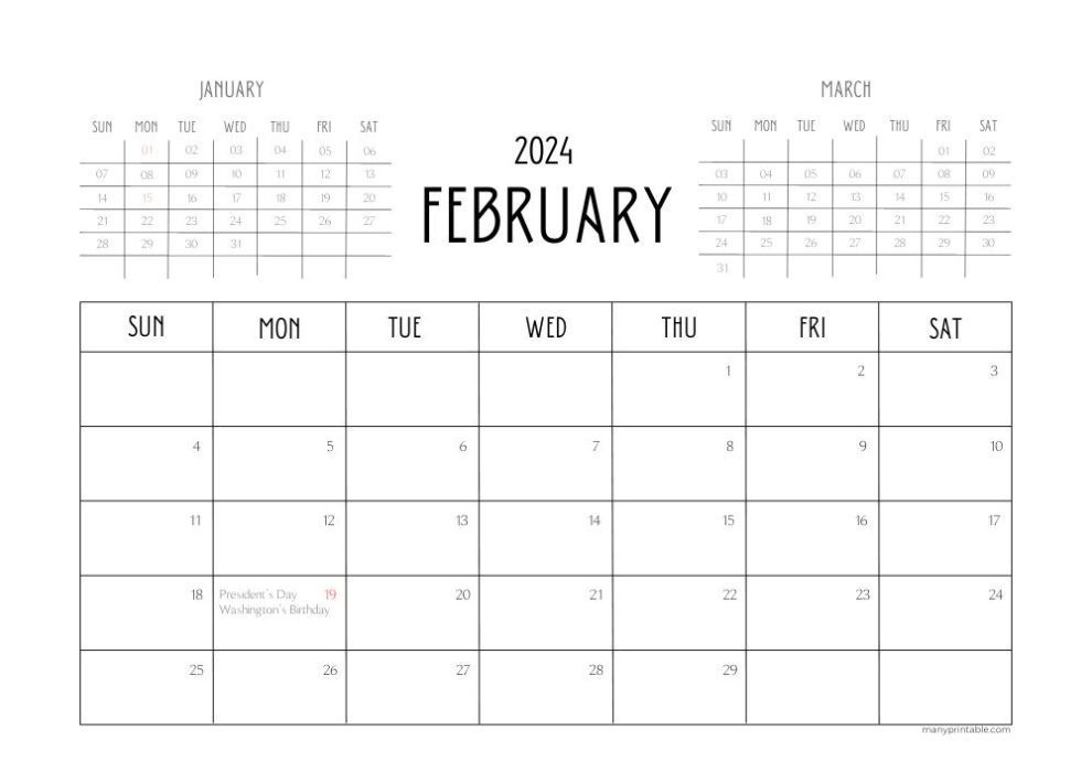 February 2024 monthly calendar design with holidays