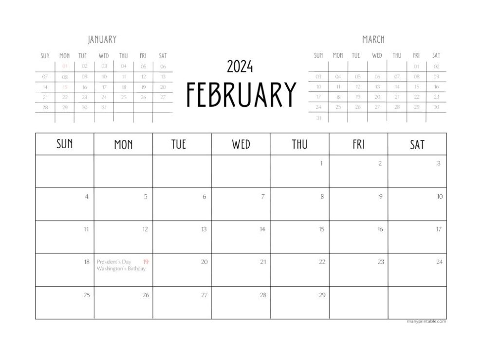 February 2024 calendar with January and March and holidays marked