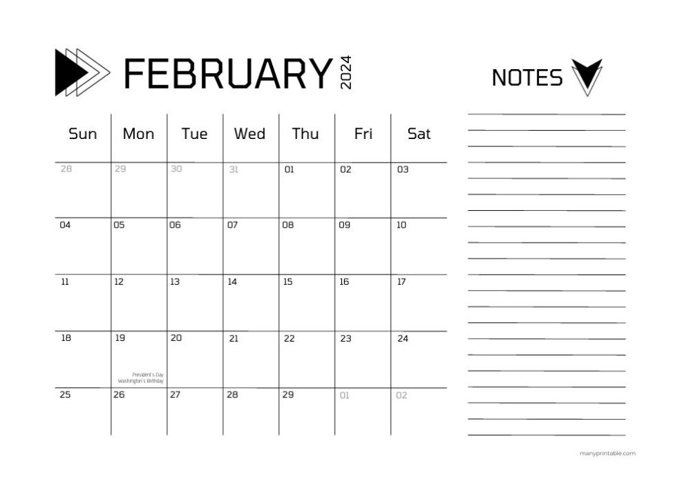 formal February 2024 calendar with lines and holidays marked