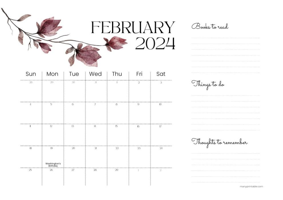 Creative February 2024 calendar printable with space for notes