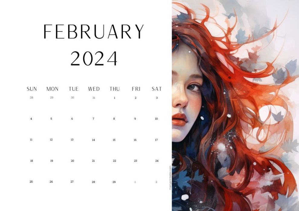 February 2024 calendar with an image of a woman