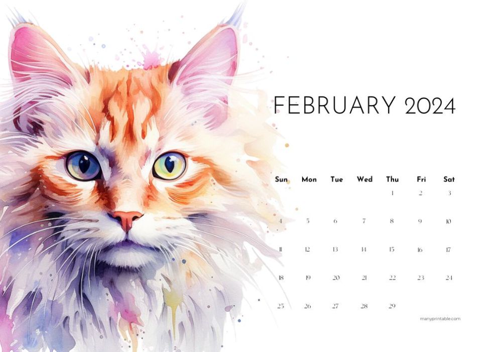 February 2024 calendar with a watercolour cat image