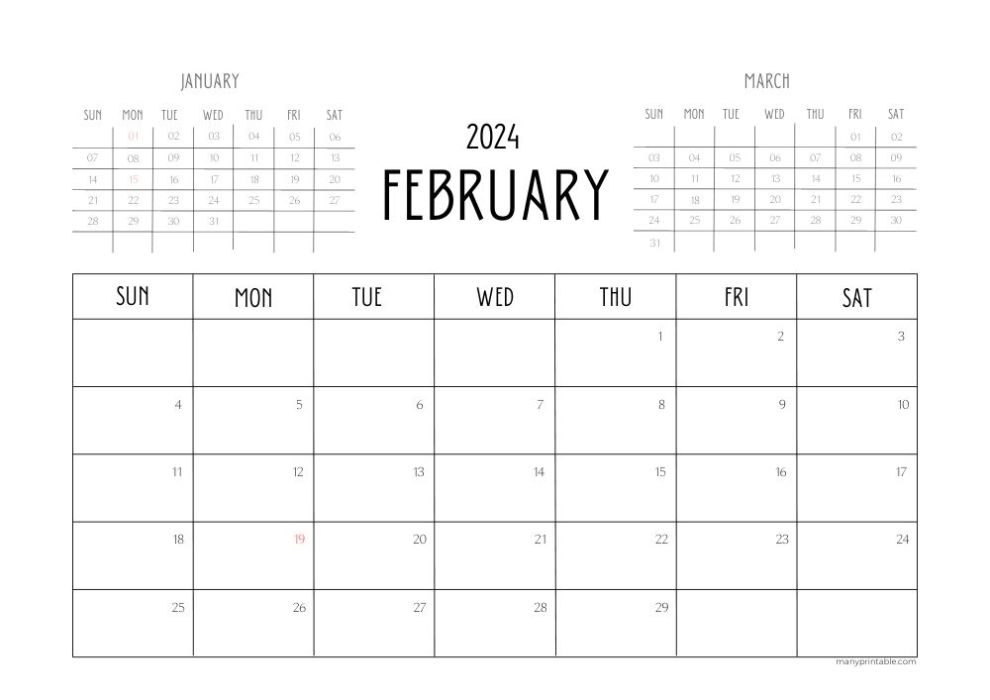 February 2024 calendar with small January and March calendars on the same page