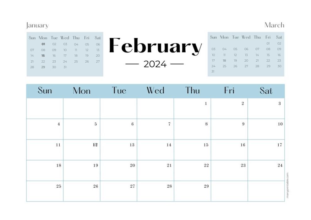 styled February 2024 calendar with small January and March calendars on the same page