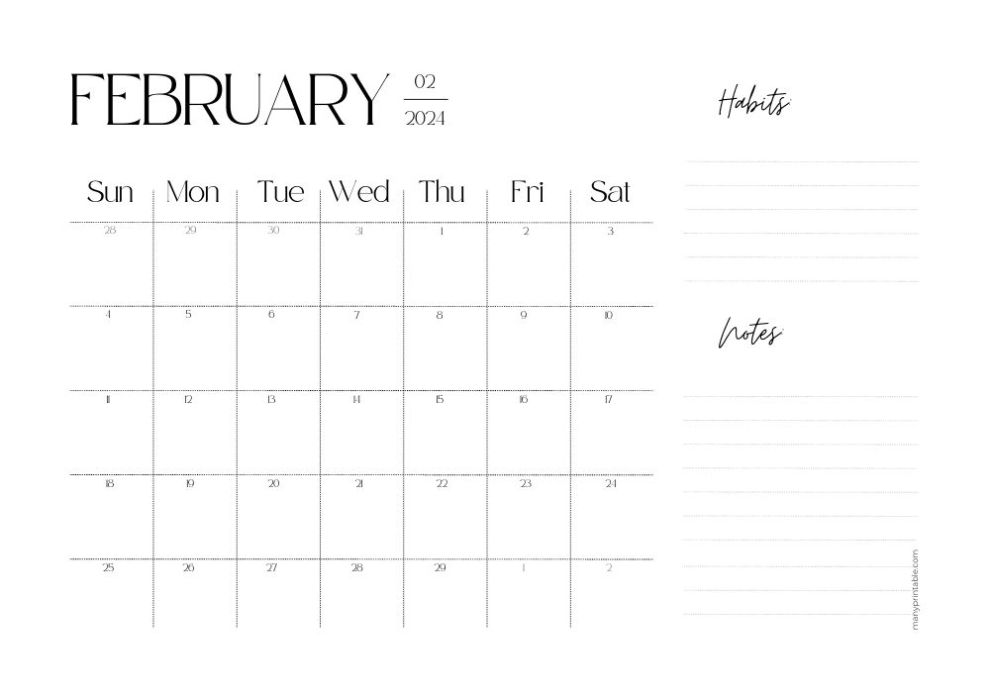 February 2024 calendar with lines for monthly habits and other notes