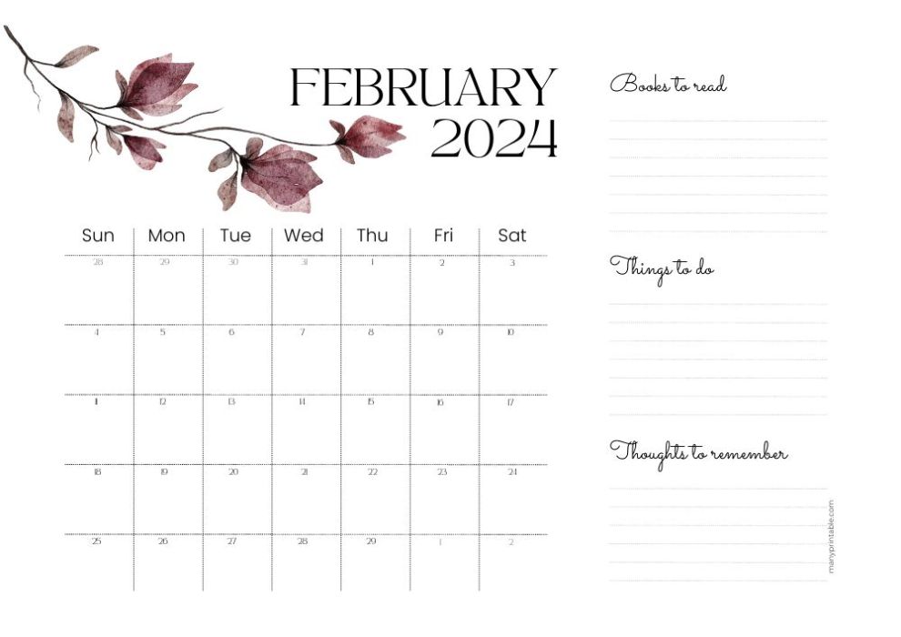 February 2024 calendar for book lovers