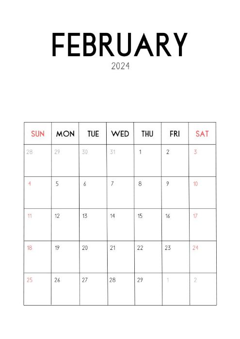 minimalistic February 2024 calendar portrait orientation