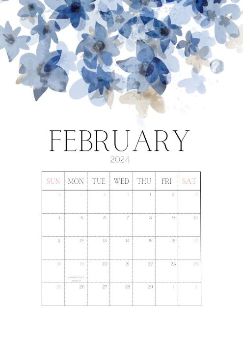 flower February 2024 calendar with holidays marked