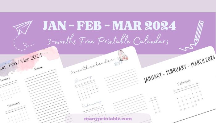 collection of 3 month calendars for january february march 2024