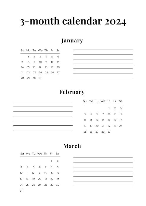 3-month calendar for January, February, and March with lines