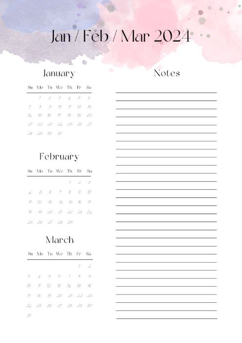 3-month calendar for January, February, and March with lines for notes
