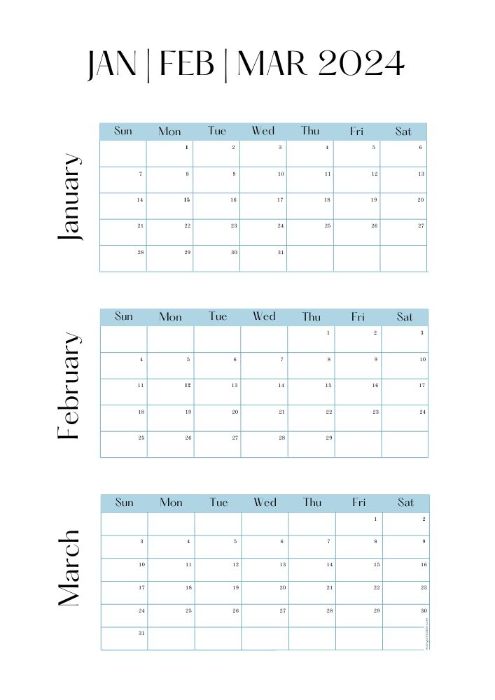 formal 3-month calendar for January, February, and March
