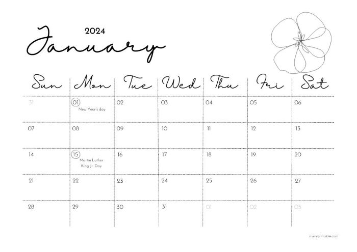 Horizontal January calendar with flowery design and holidays marked