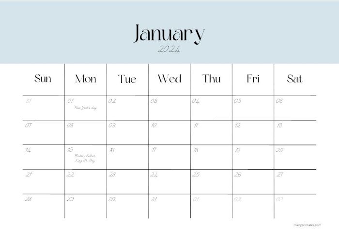 Minimalist horizontal January calendar with a blue header and holidays marked