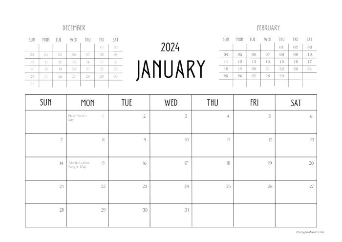 January 2024 calendar with December, February, and US holidays marked