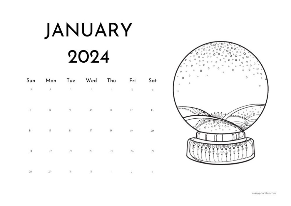 January 2024 calendar with a glass snowball image to colour