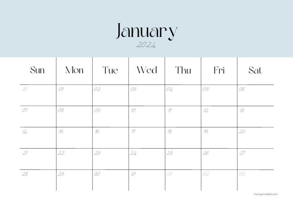 January 2024 landscape printable calendar with minimal design