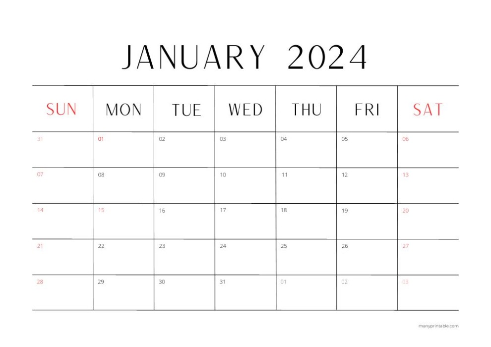 Clean January calendar 2024 to print