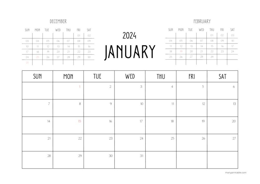 January 2024 calendar with December and February