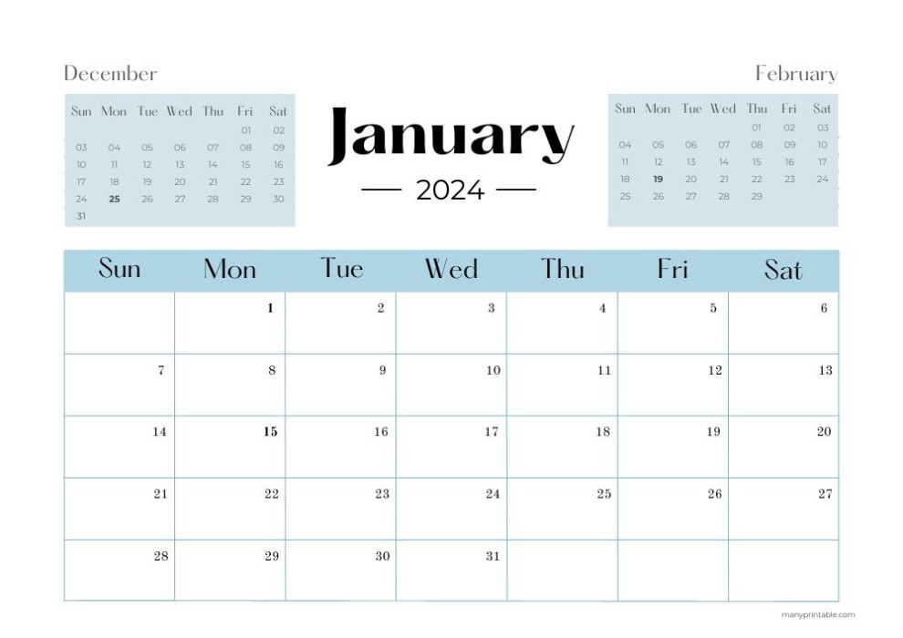 Office style January 2024 calendar with December and February