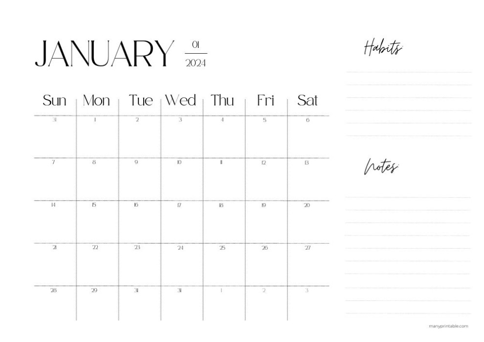 January 2024 landscape calendar with lines for notes and habits