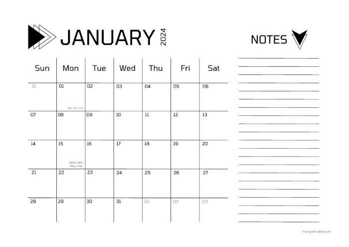 January 2024 work-style calendar with notes