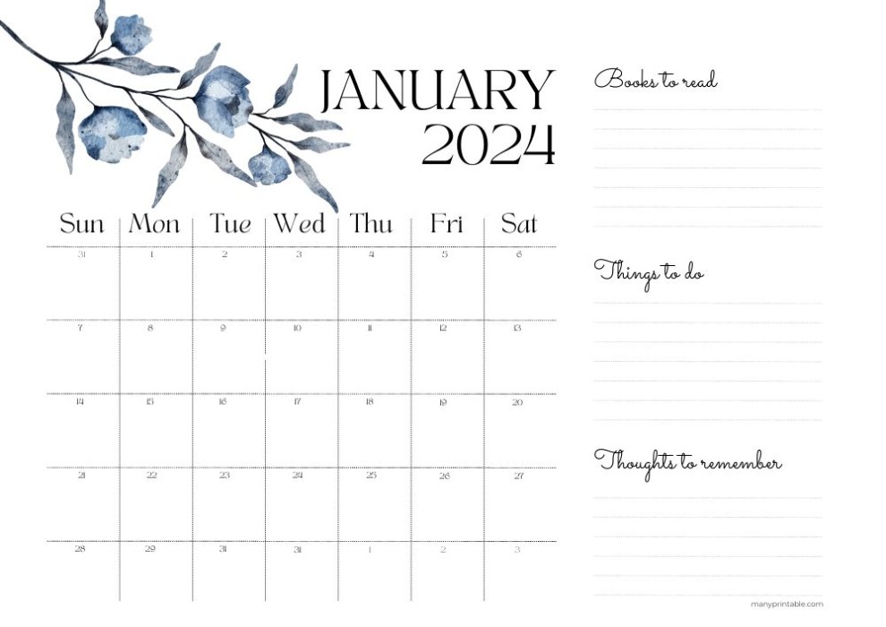 January 2024 printable calendar with space for a reading list