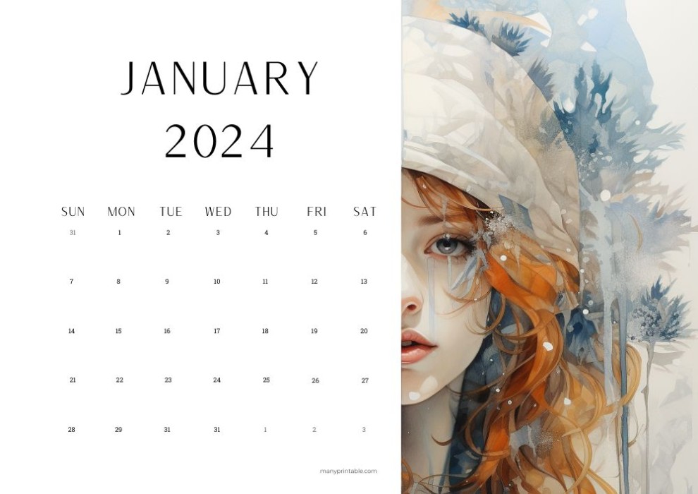 2024 January calendar vertical layout with creative drawing