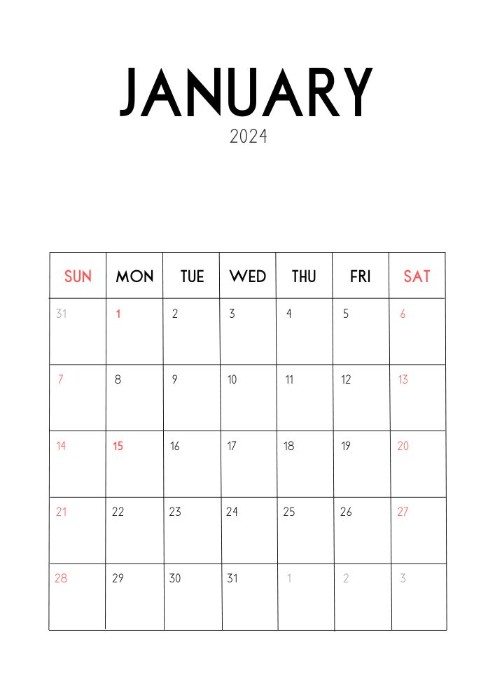 Minimalistic January 2024 calendar printable portrait layout