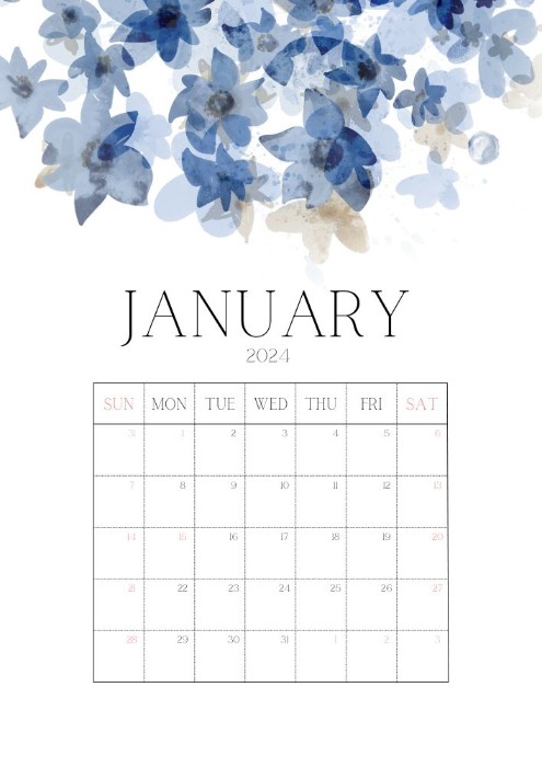 flower-themed January printable calendar 2024