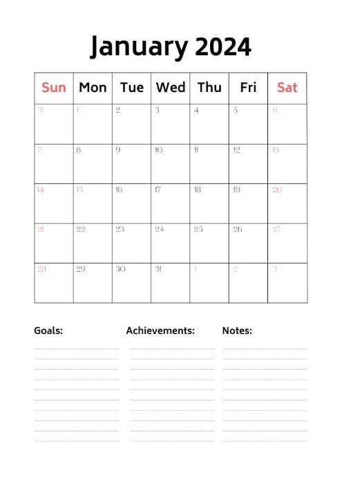 January 2024 printable calendar with lines in three columns