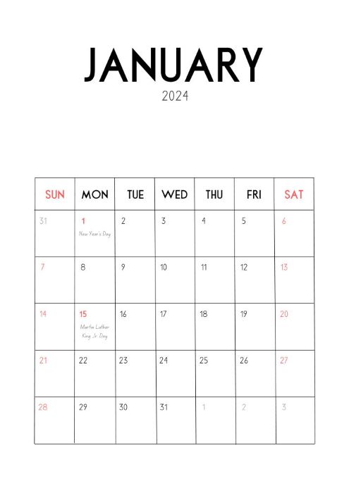 Simple January 2024 calendar with US holidays marked