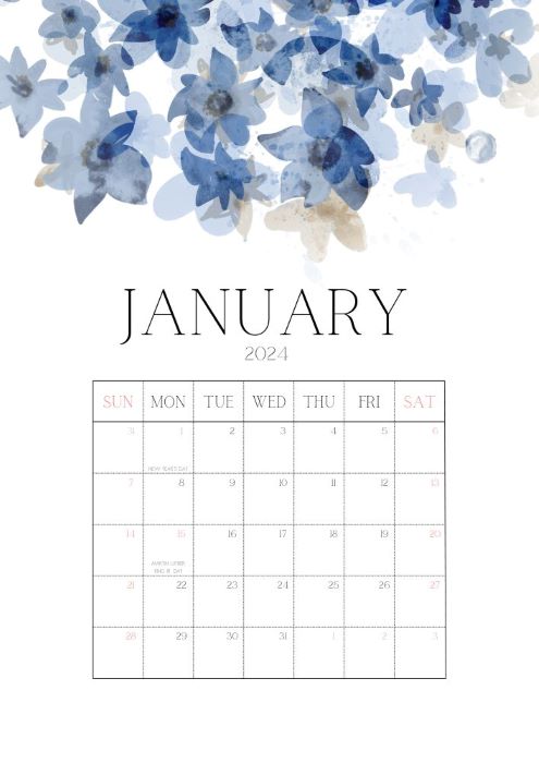 flower-themed January 2024 calendar with US holidays marked