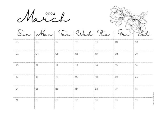 cute minimalistic March 2024 calendar