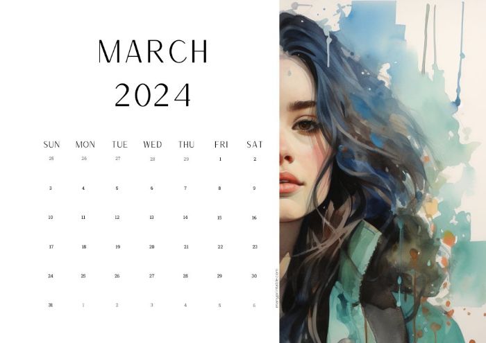 March 2024 calendar with image of a woman