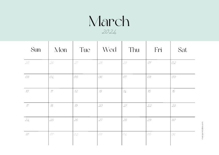 green minimalistic March 2024 calendar