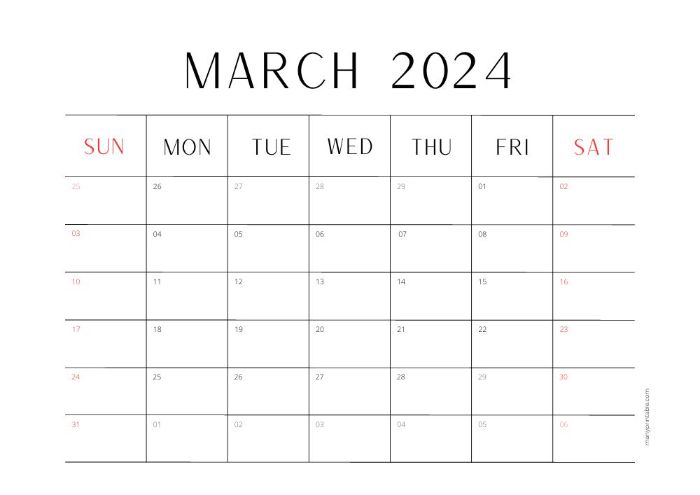 minimalistic March 2024 calendar landscape
