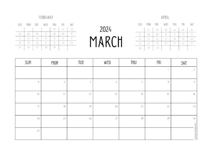March 2024 calendar with February and April months
