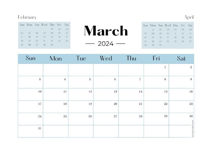 styled March 2024 calendar with February and April