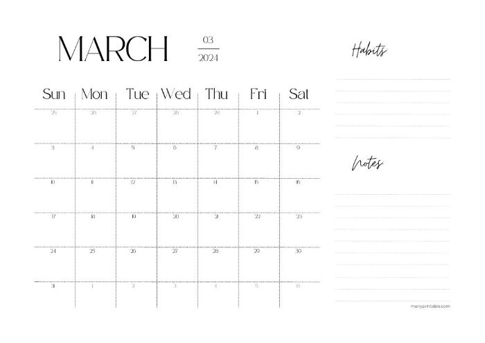 2024 March printable calendar with space for habit tracking