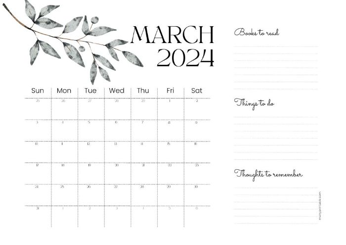 March 2024 calendar for book lovers