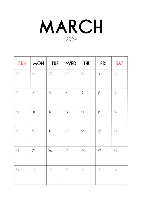 cute minimalistic March 2024 calendar in portrait orientation