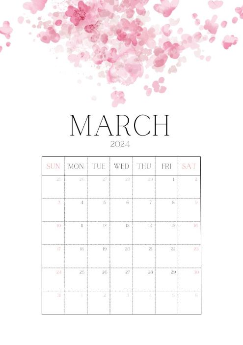 flower-themed March 2024 calendar 