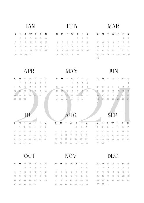 Minimalist 2024 yearly printable calendar